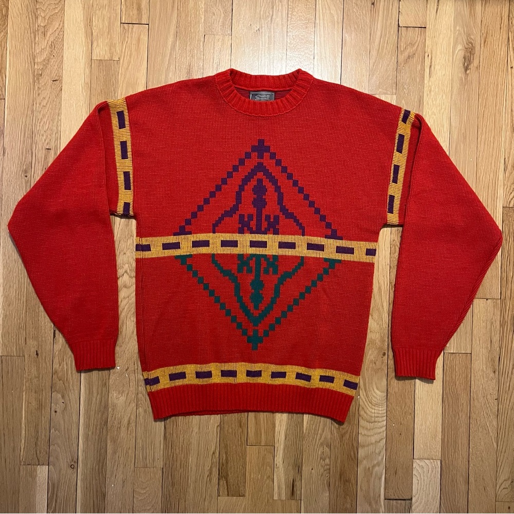 Vintage Le Tigre Pullover Sweater 80s Aztec Tribal Red Large Made in USA